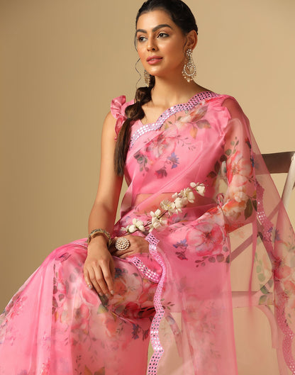 Light Pink Organza Printed Saree | Leemboodi