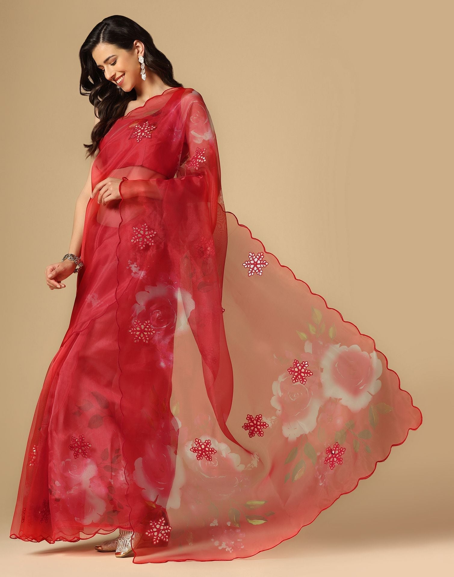 Red Gota Embroidery Organza Saree | Leemboodi