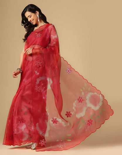 Red Gota Embroidery Organza Saree | Leemboodi
