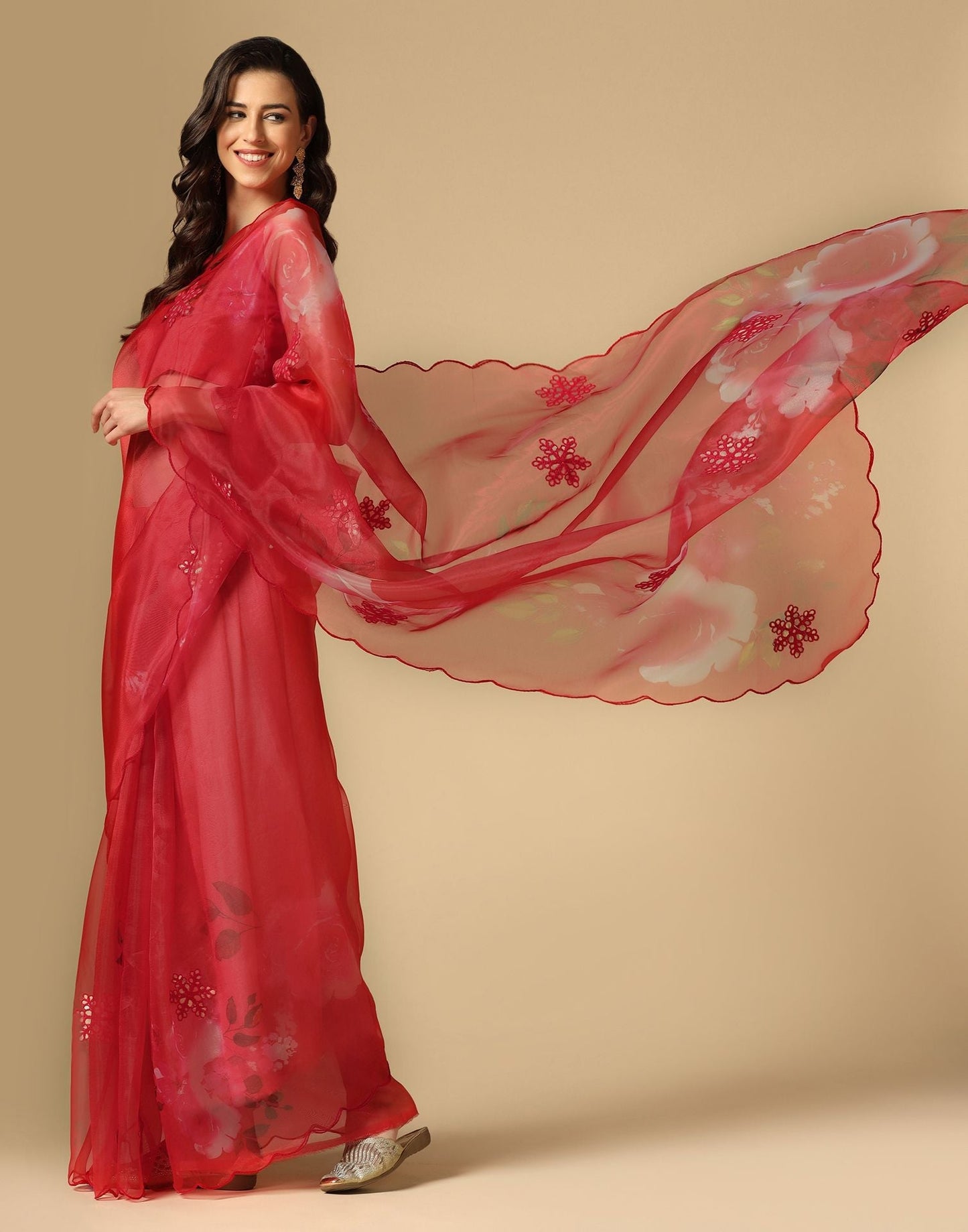 Red Gota Embroidery Organza Saree | Leemboodi