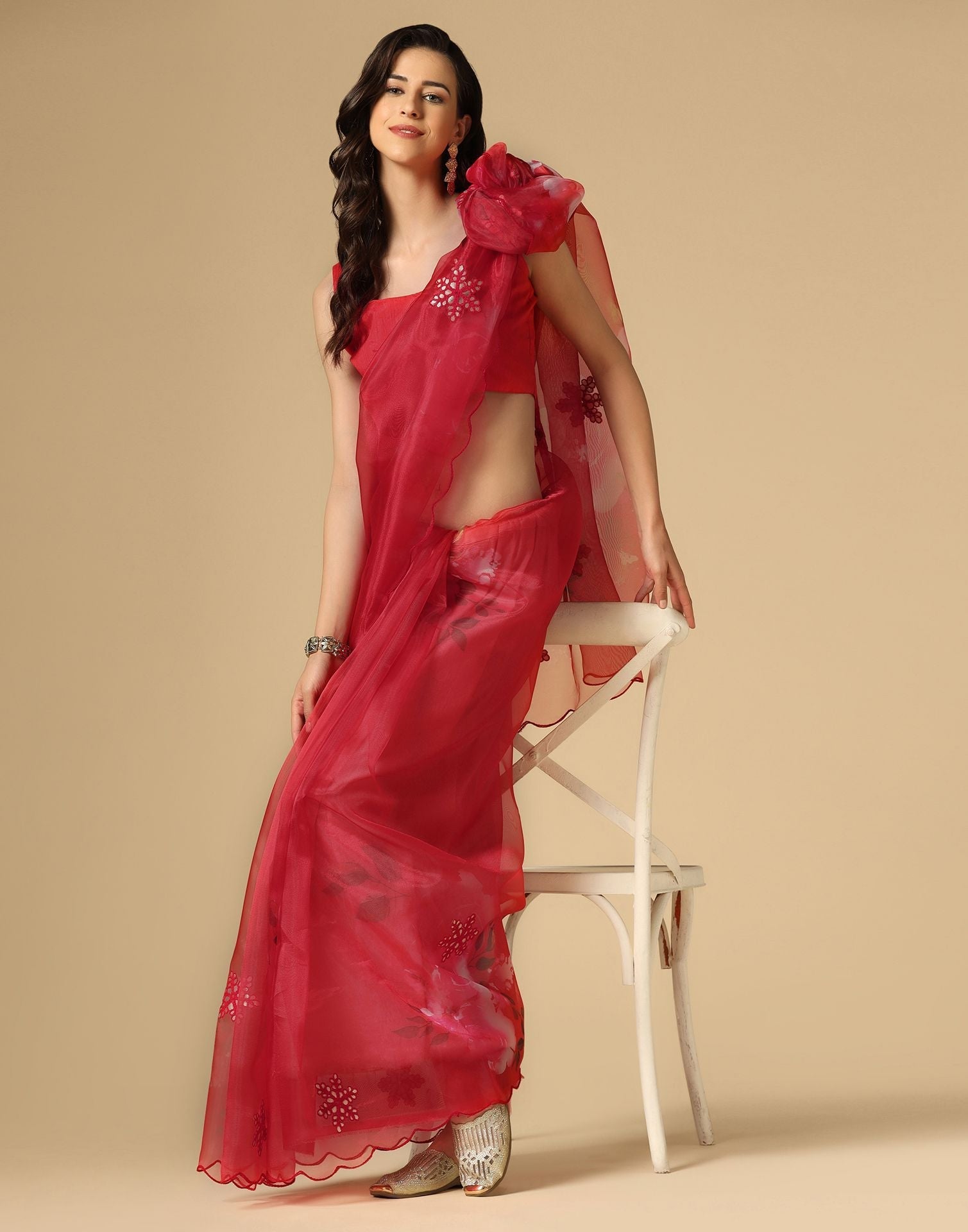 Red Gota Embroidery Organza Saree | Leemboodi