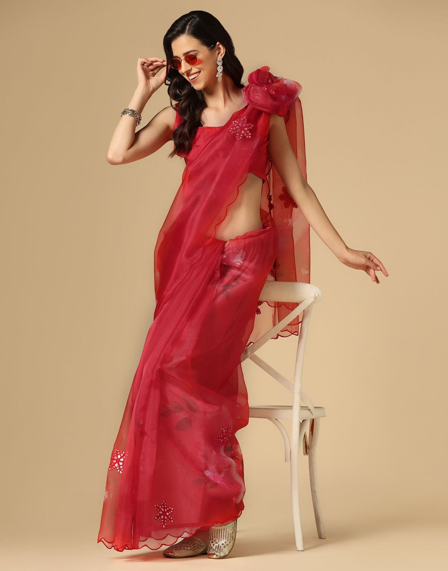 Red Gota Embroidery Organza Saree | Leemboodi