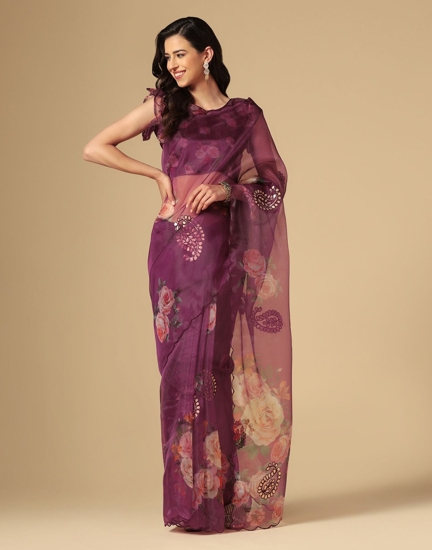 Wine Gota Embroidery Organza Saree | Leemboodi