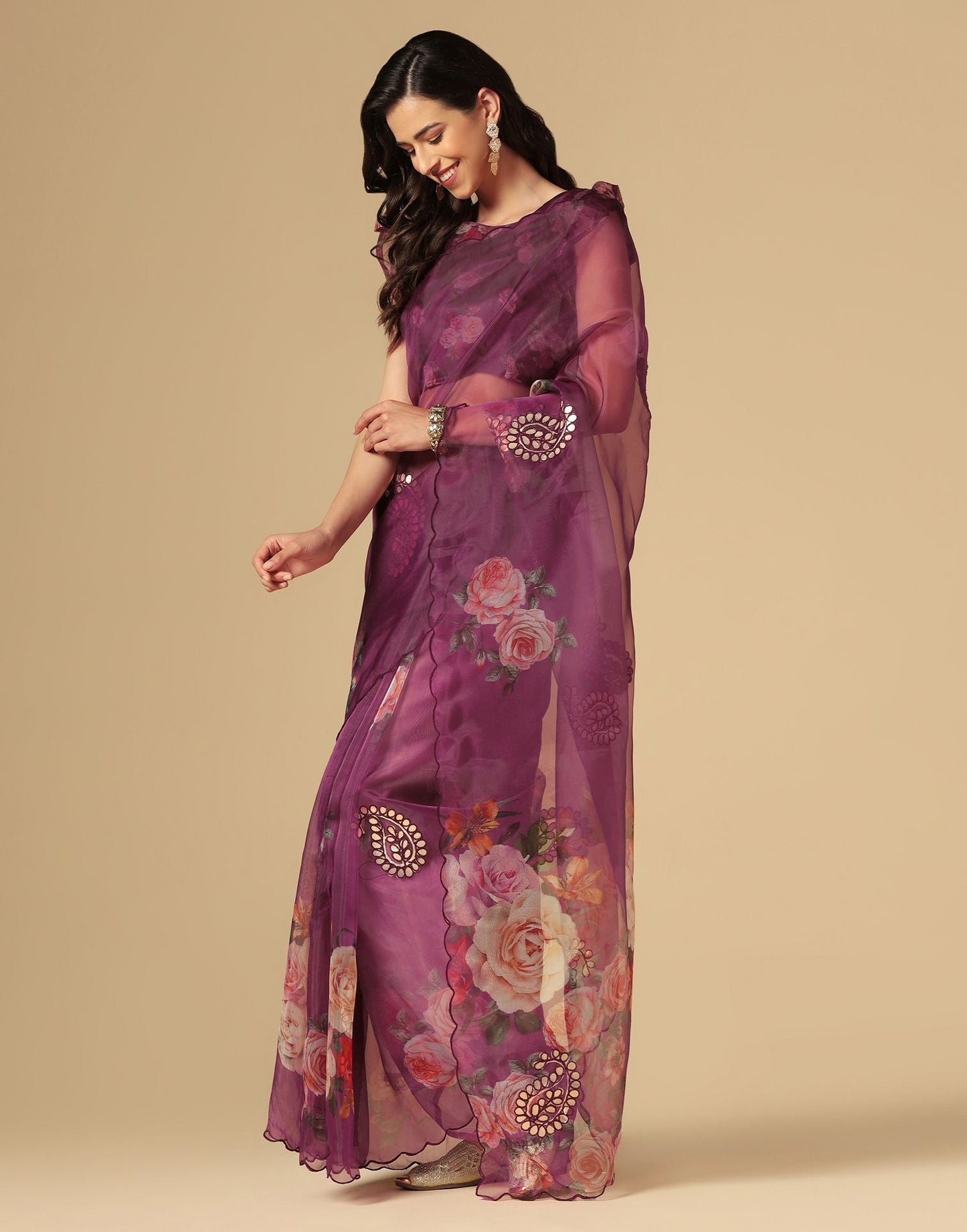 Wine Gota Embroidery Organza Saree | Leemboodi