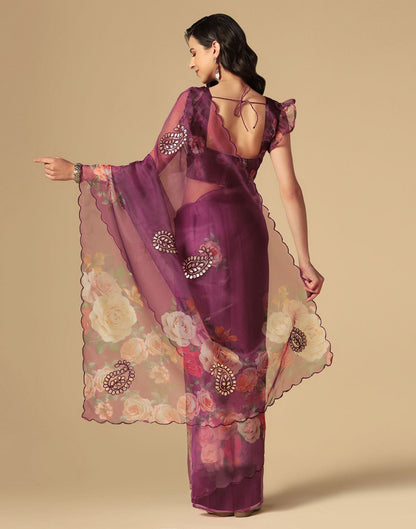 Wine Gota Embroidery Organza Saree | Leemboodi