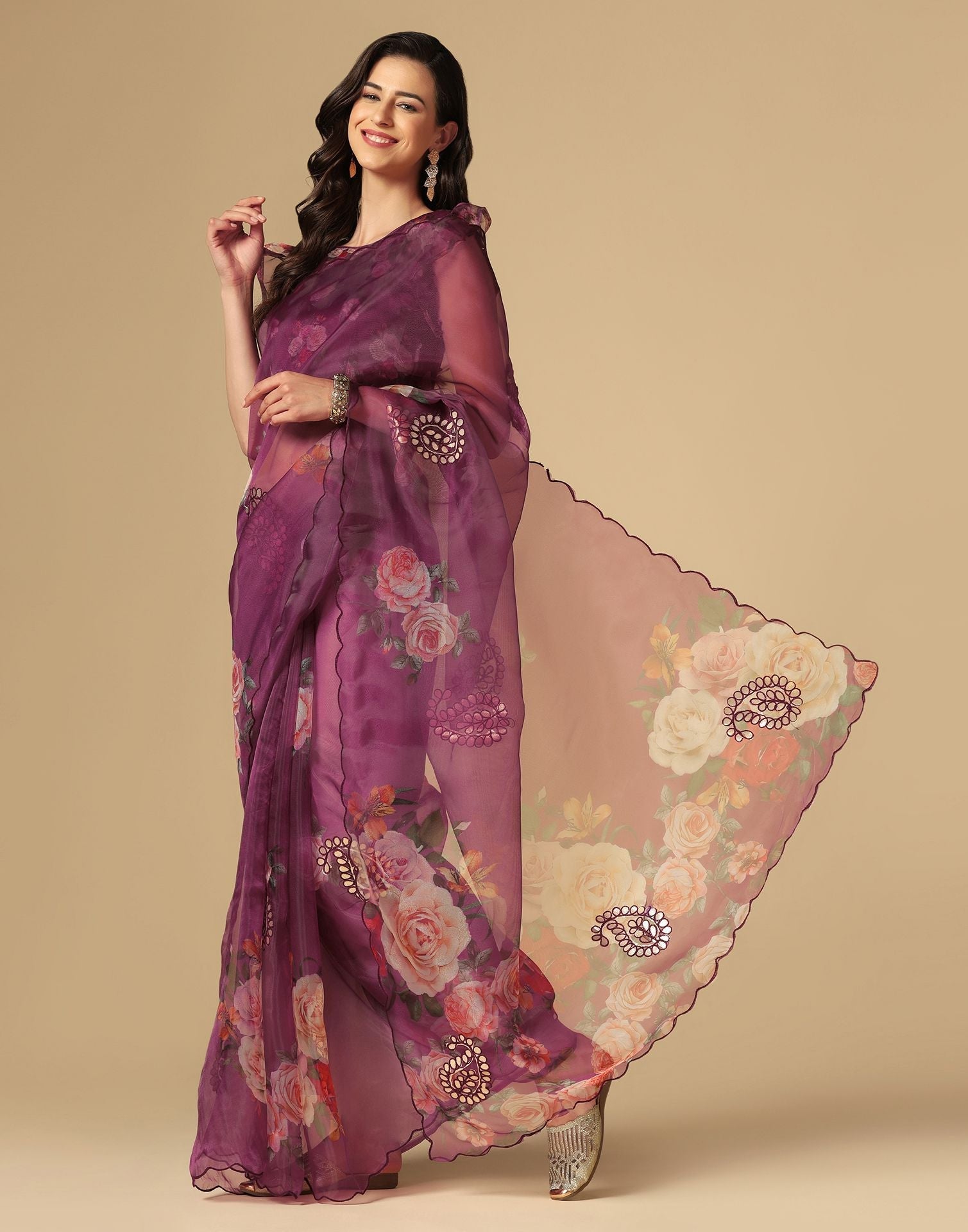 Wine Gota Embroidery Organza Saree | Leemboodi