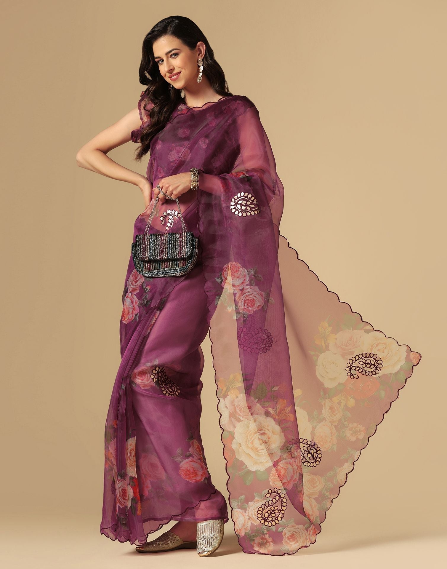 Wine Gota Embroidery Organza Saree | Leemboodi