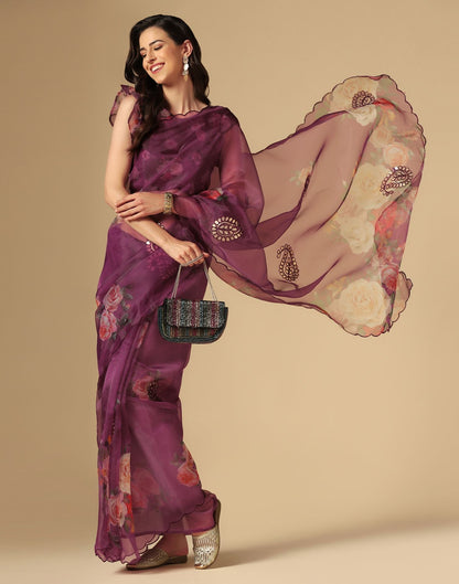 Wine Gota Embroidery Organza Saree | Leemboodi