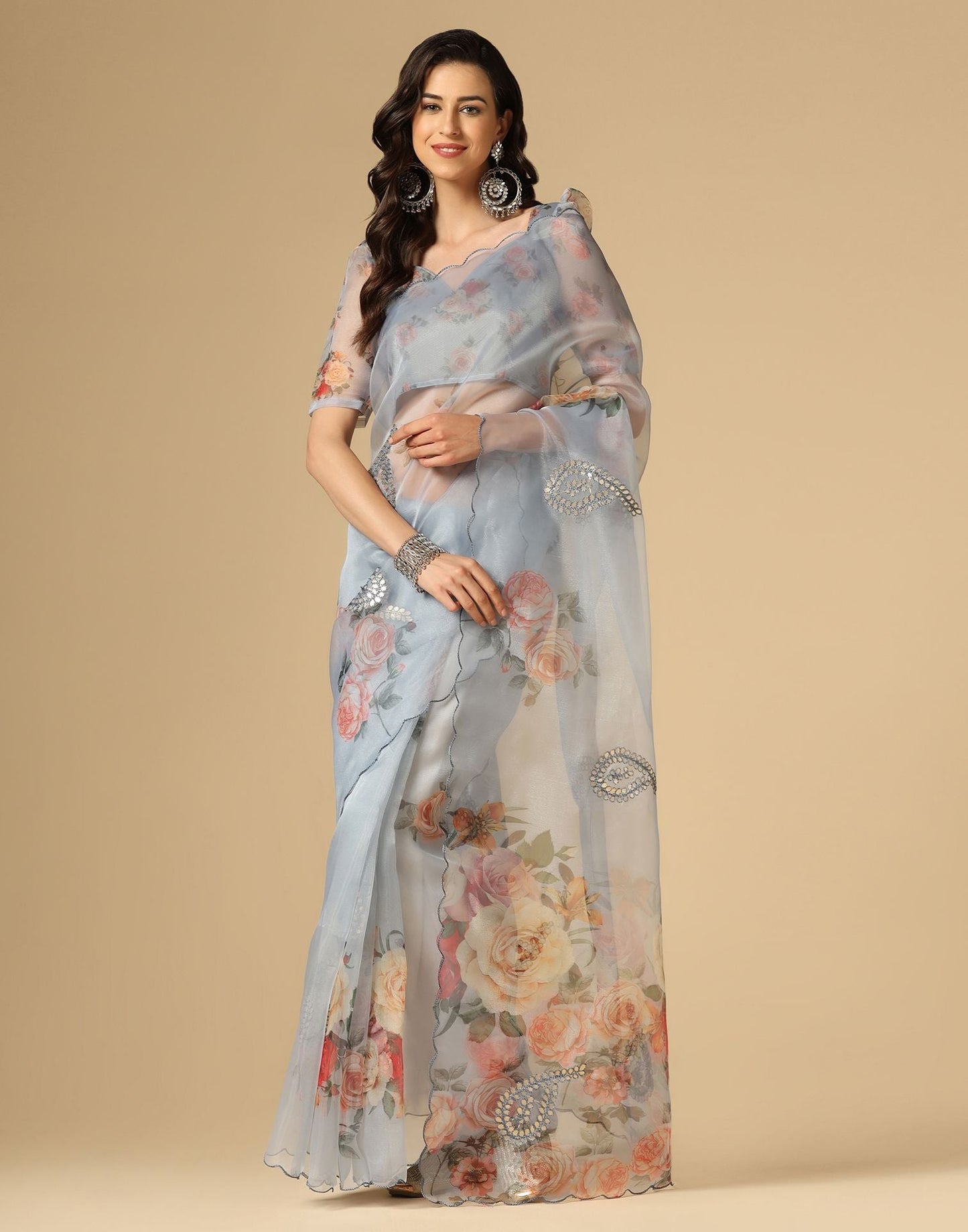 Light Grey Gota Embroidery Organza Saree | Leemboodi