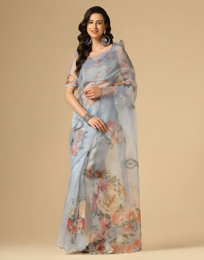 Light Grey Gota Embroidery Organza Saree | Leemboodi