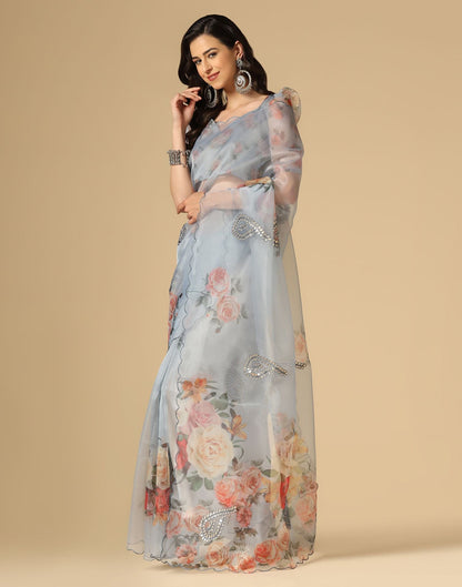 Light Grey Gota Embroidery Organza Saree | Leemboodi