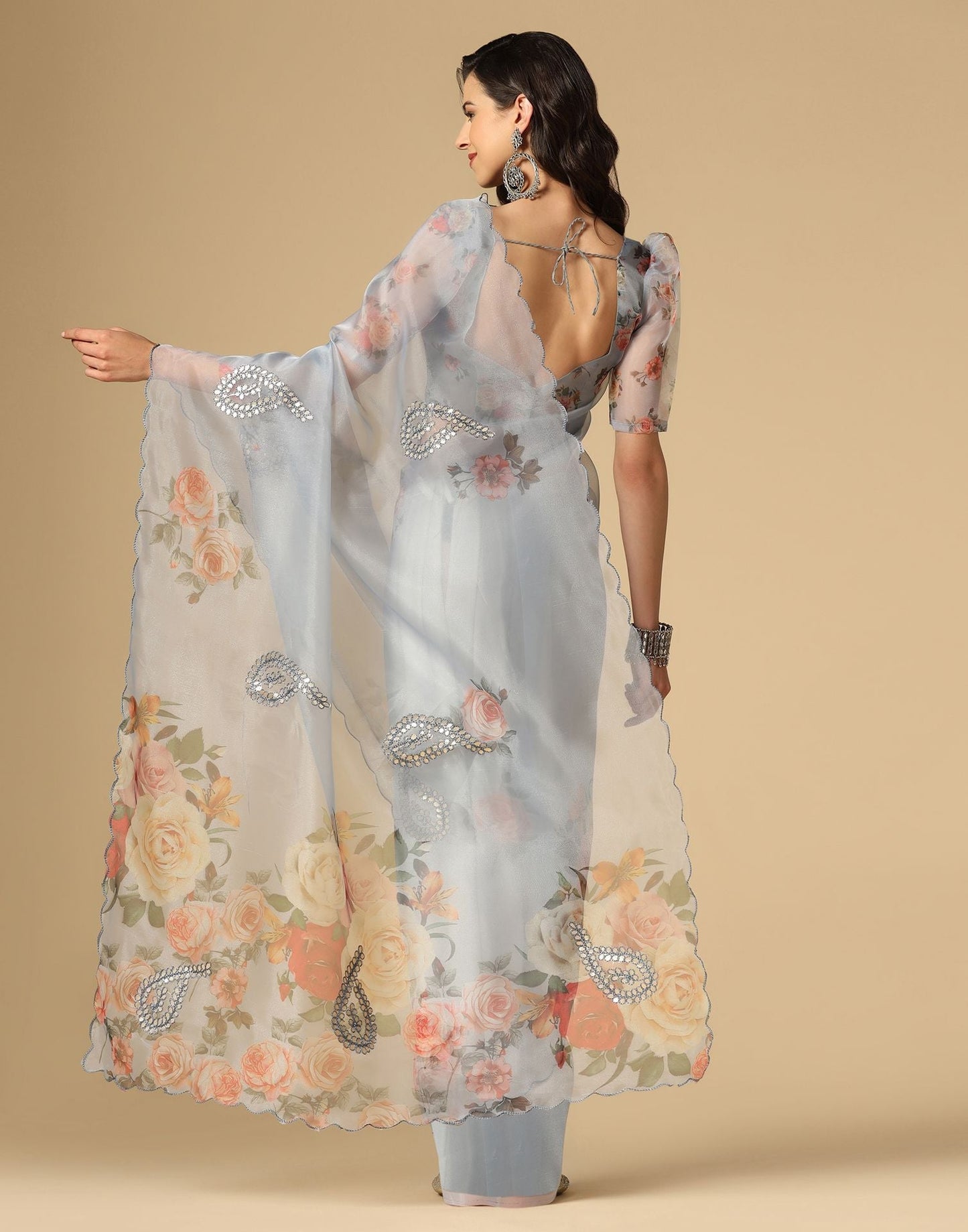 Light Grey Gota Embroidery Organza Saree | Leemboodi