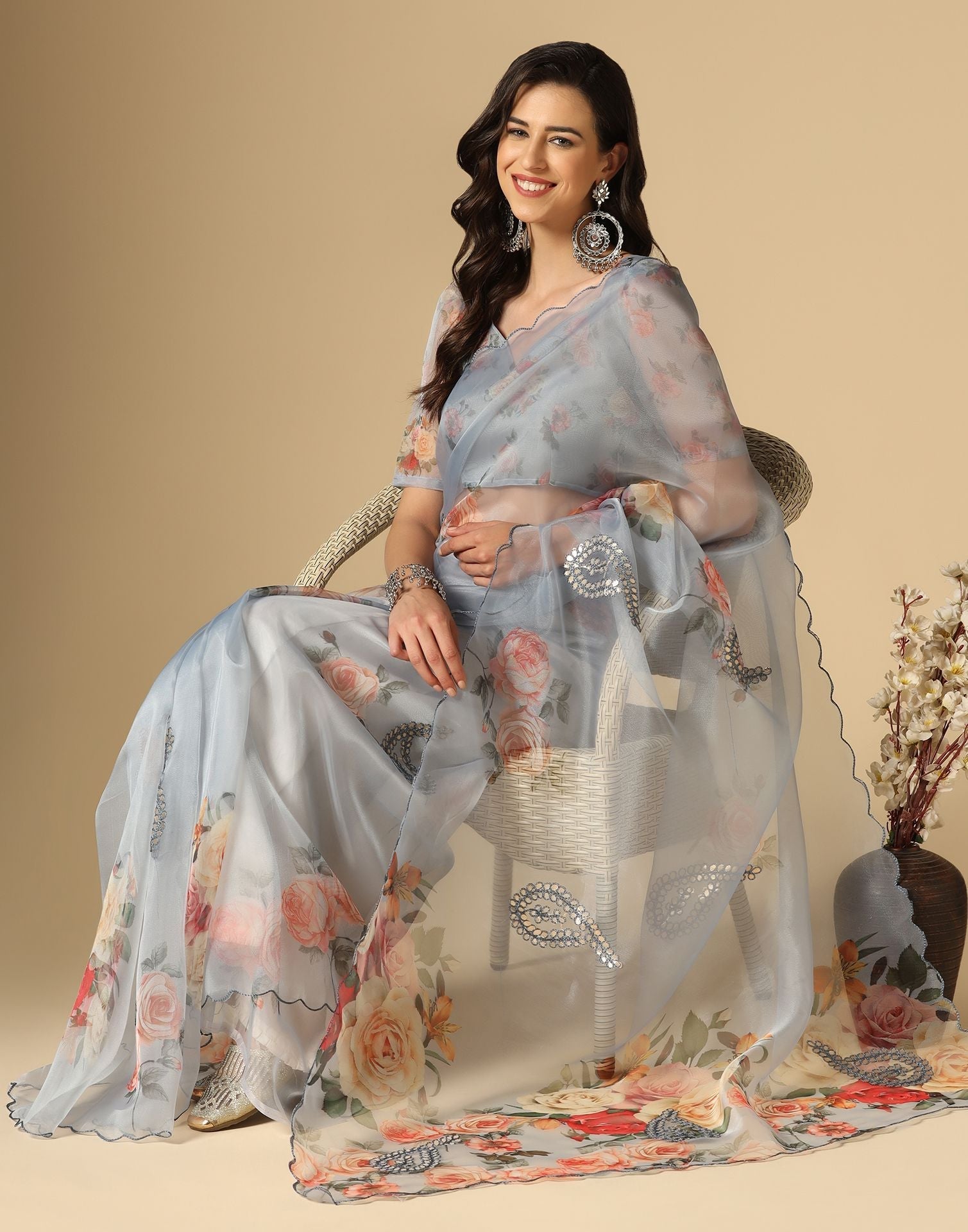 Light Grey Gota Embroidery Organza Saree | Leemboodi