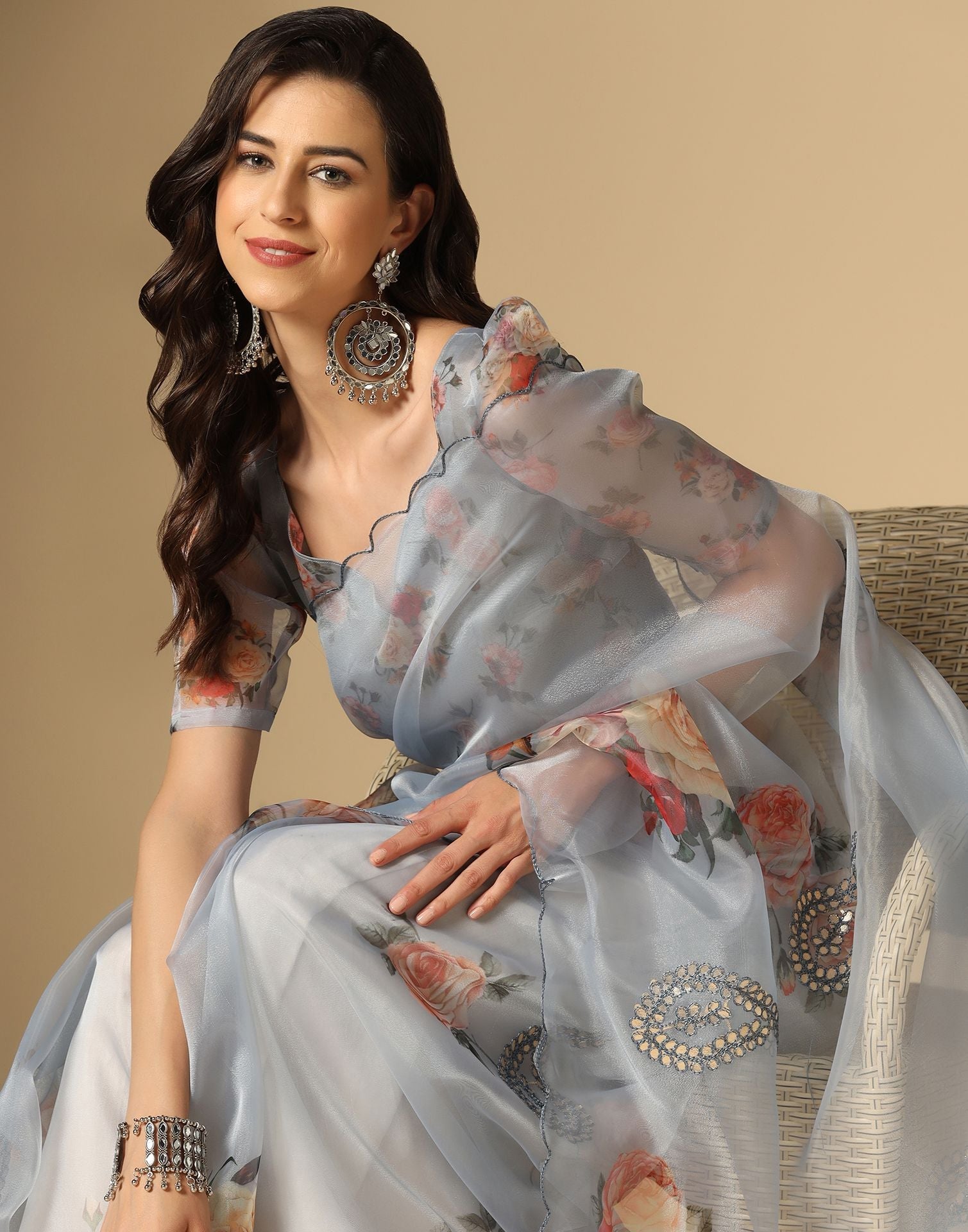 Light Grey Gota Embroidery Organza Saree | Leemboodi