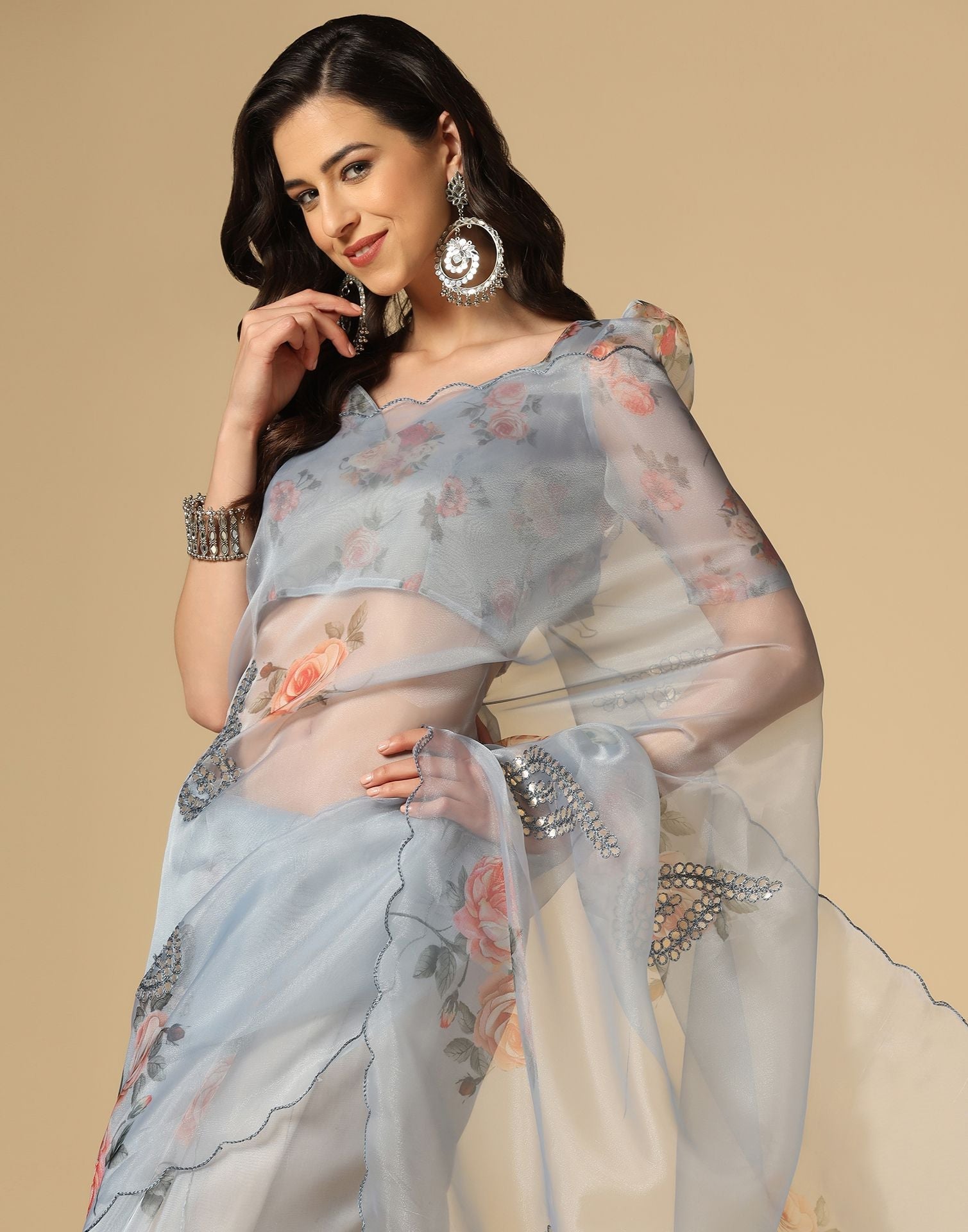 Light Grey Gota Embroidery Organza Saree | Leemboodi