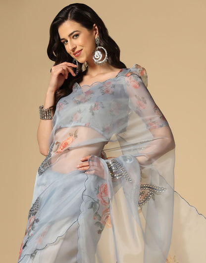 Light Grey Gota Embroidery Organza Saree | Leemboodi
