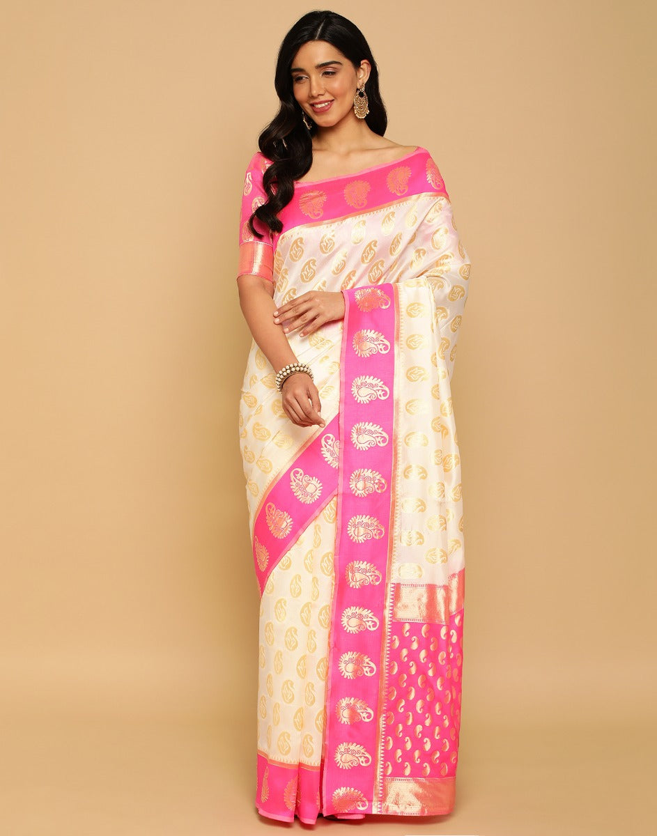 Cream Banarasi Silk Saree | Sudathi