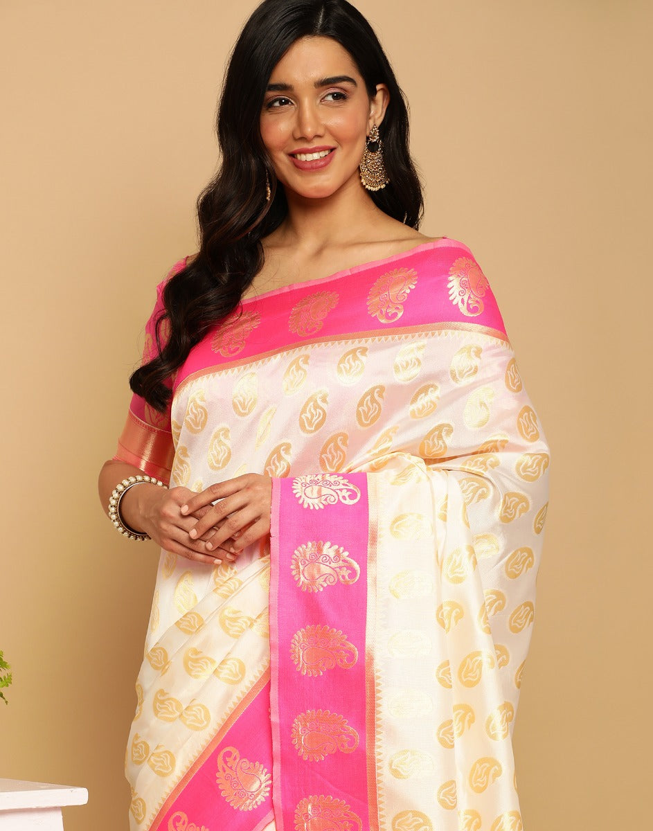 Cream Banarasi Silk Saree | Sudathi