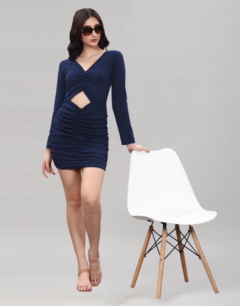 Navy Blue Ribbed Bodycon Dress | Leemboodi