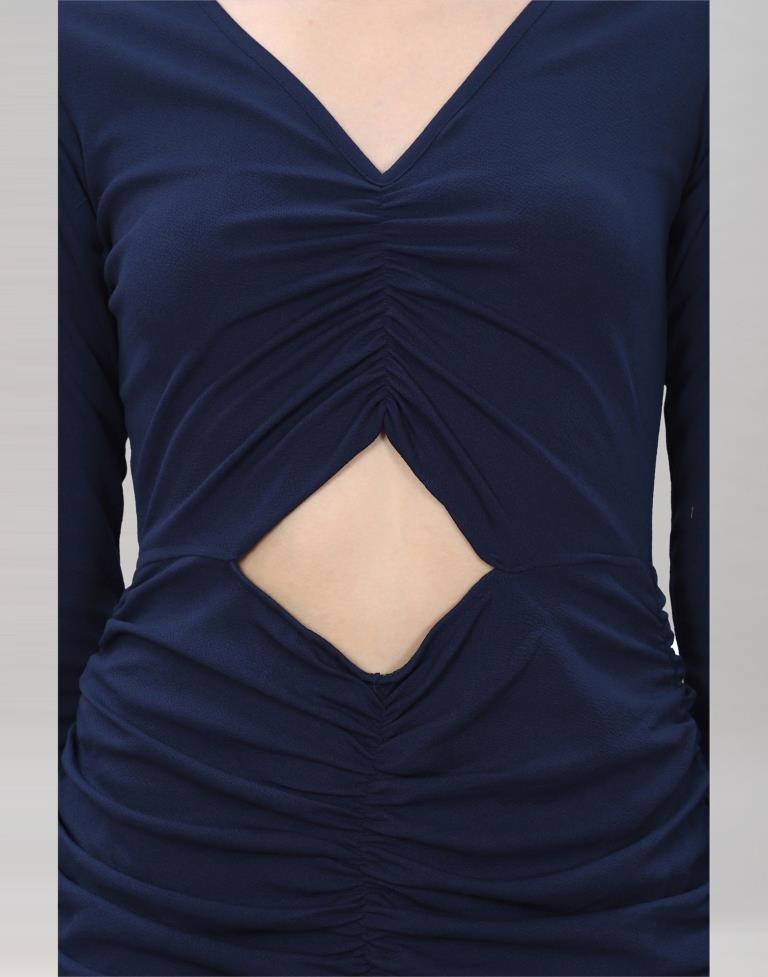Navy Blue Ribbed Bodycon Dress | Leemboodi