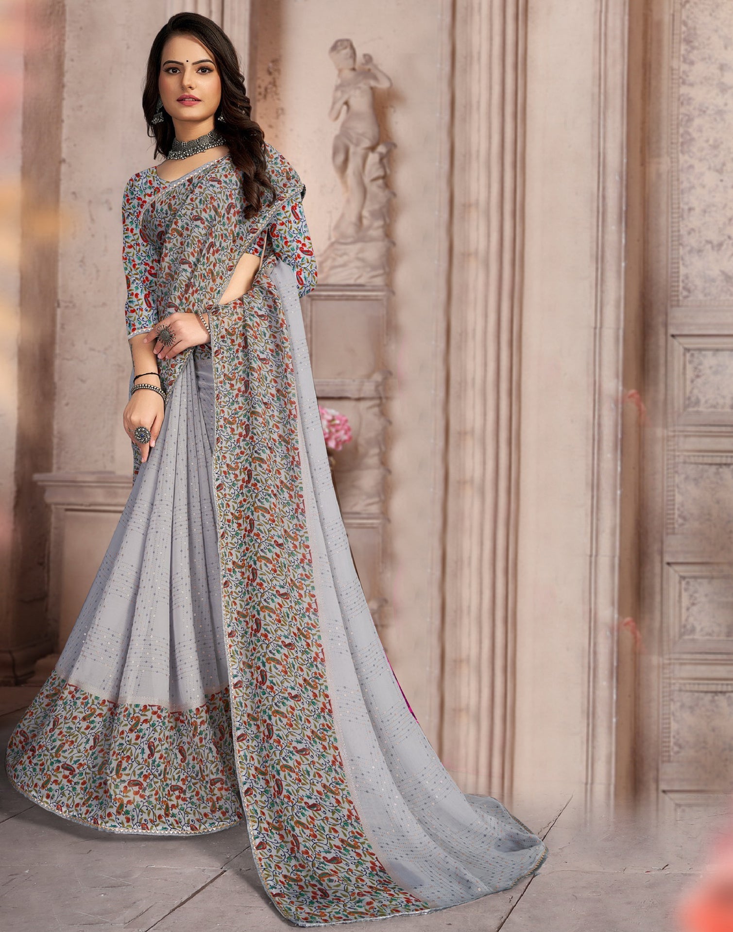 Grey Georgette Saree | Leemboodi