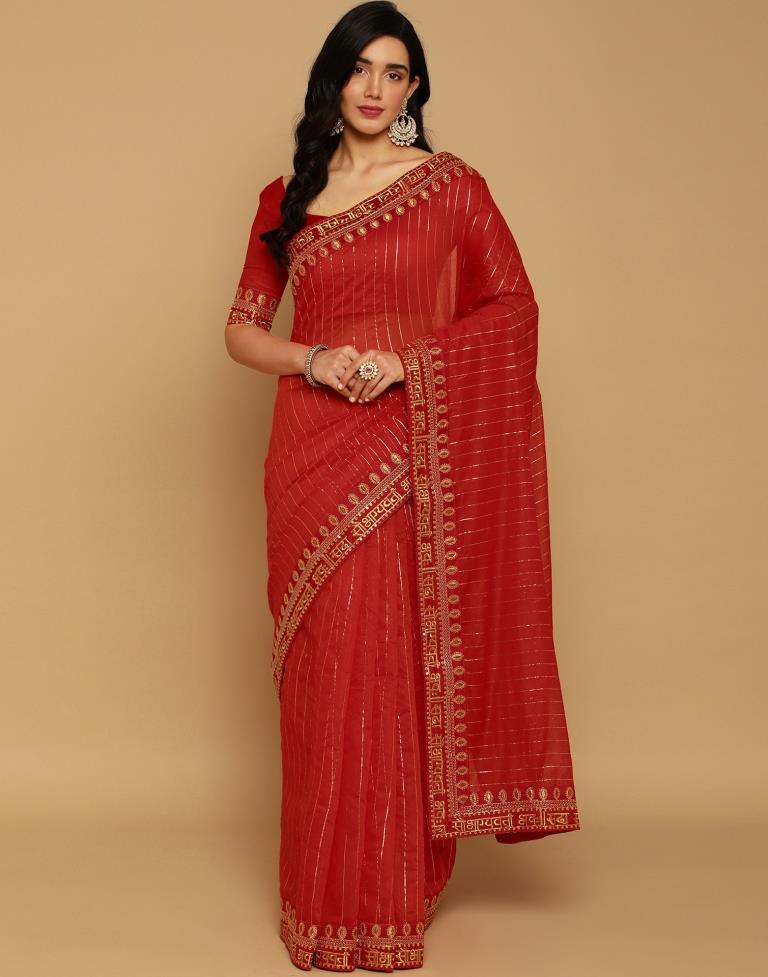 Light Red Cotton Embroidery Saree | Sudathi