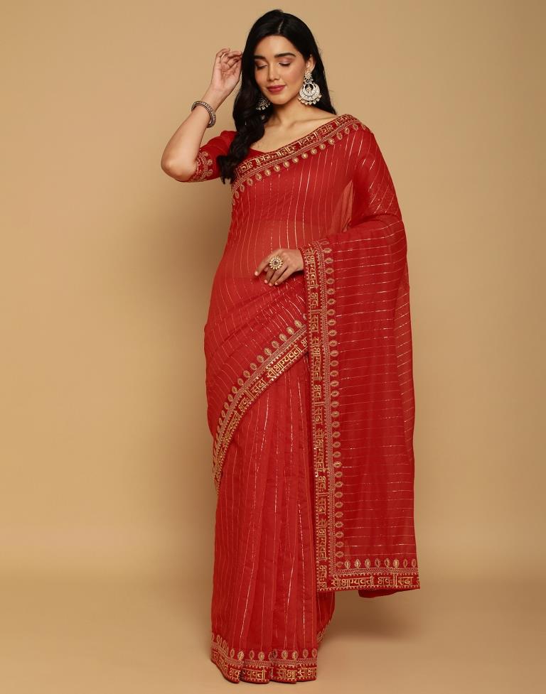 Light Red Cotton Embroidery Saree | Sudathi