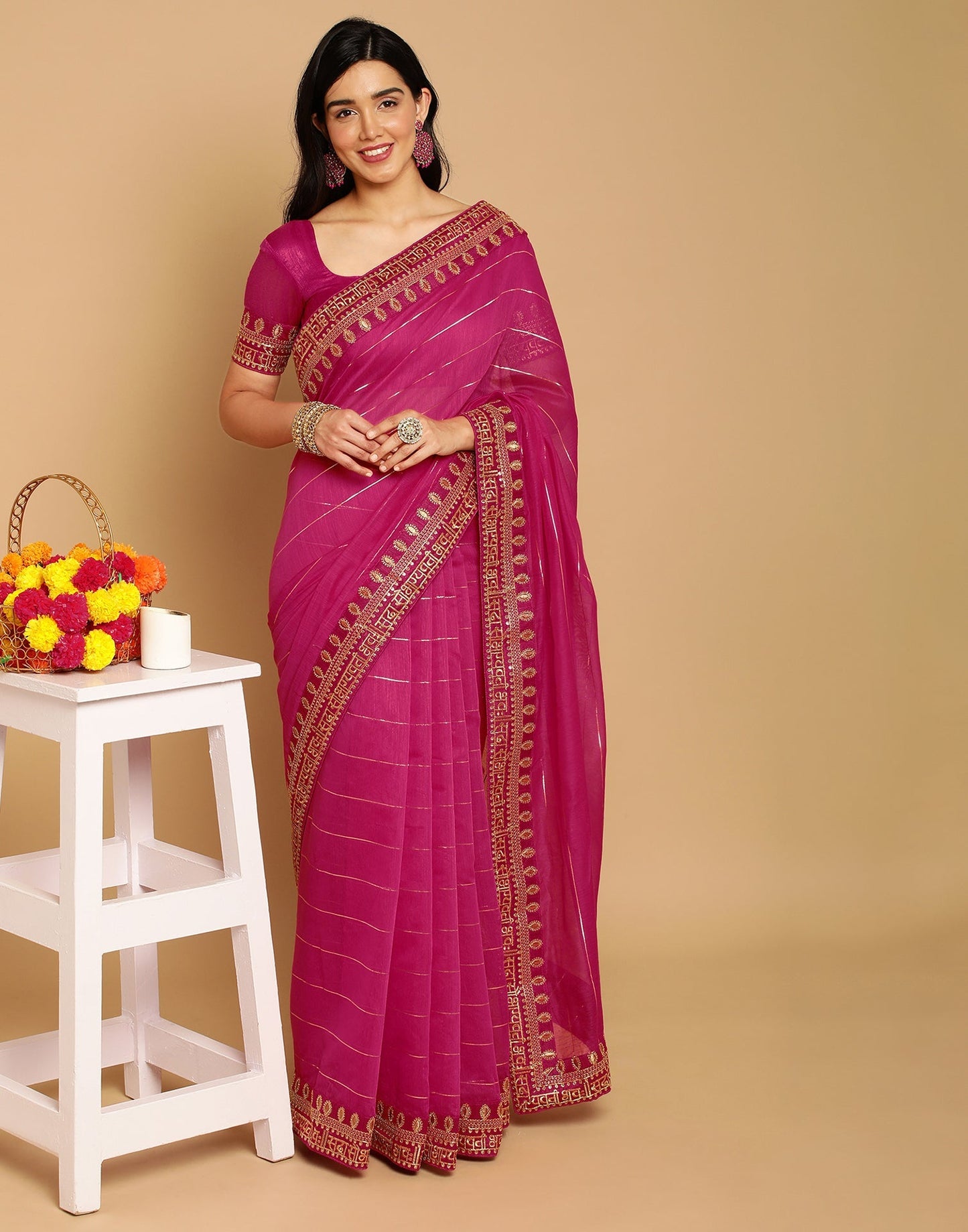 Rani Pink Cotton Embroidery Saree | Leemboodi
