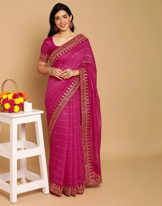 Rani Pink Cotton Embroidery Saree | Leemboodi