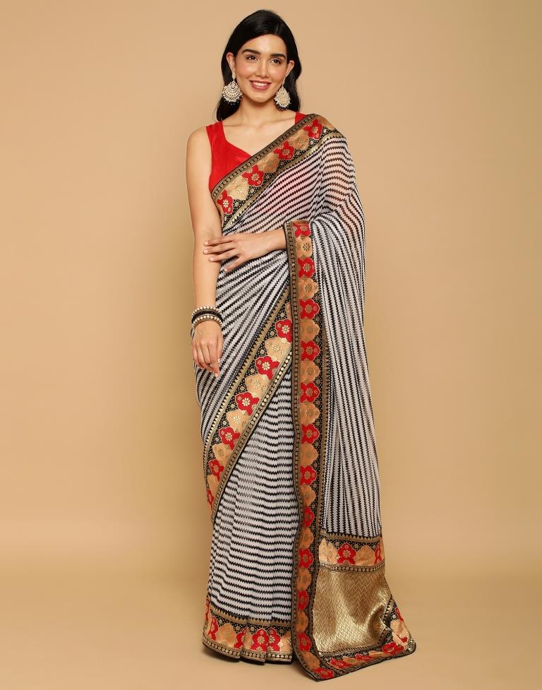 White Georgette Printed Saree | Leemboodi