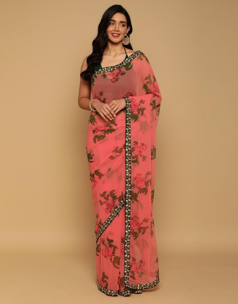 Peach Pink Georgette Printed Saree | Sudathi
