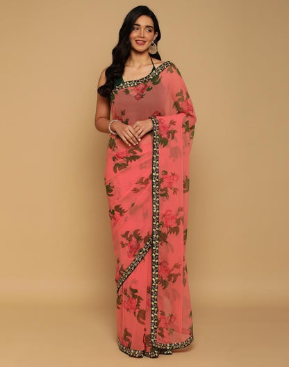 Peach Pink Georgette Printed Saree | Sudathi