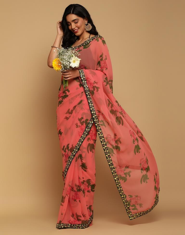 Peach Pink Georgette Printed Saree | Sudathi