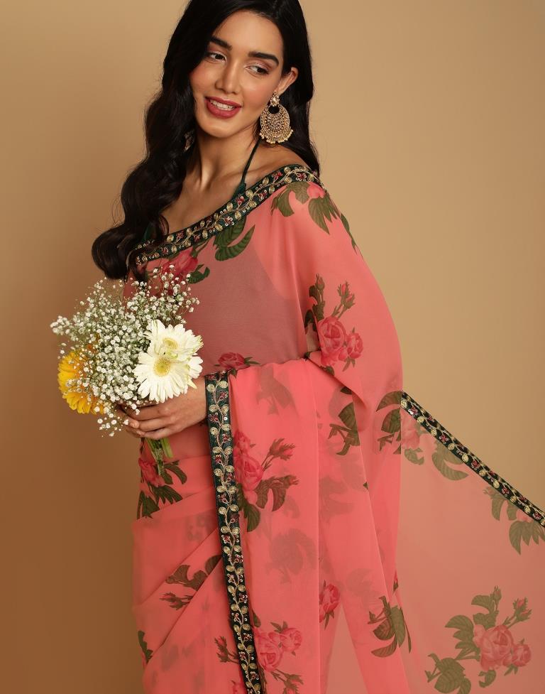Peach Pink Georgette Printed Saree | Sudathi