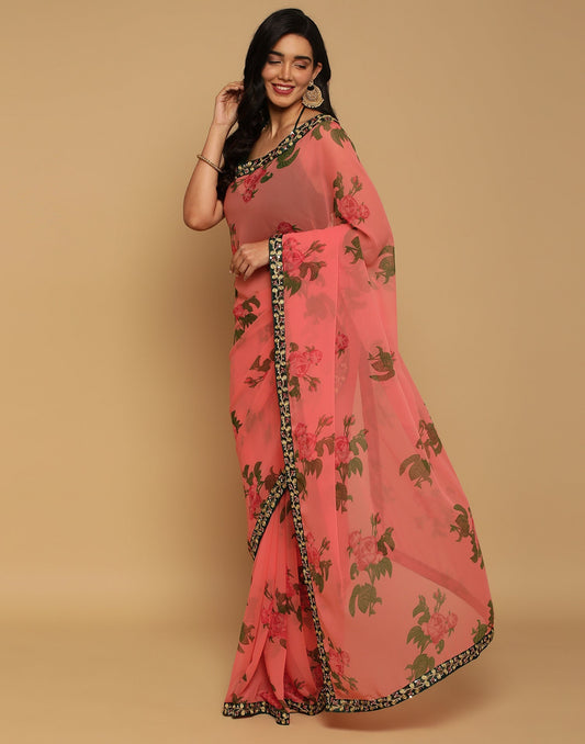 Peach Pink Georgette Printed Saree | Sudathi