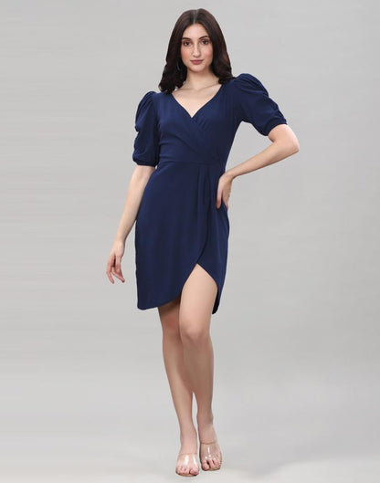 Navy Blue Puff Sleeve Bodycon Dress | Sudathi