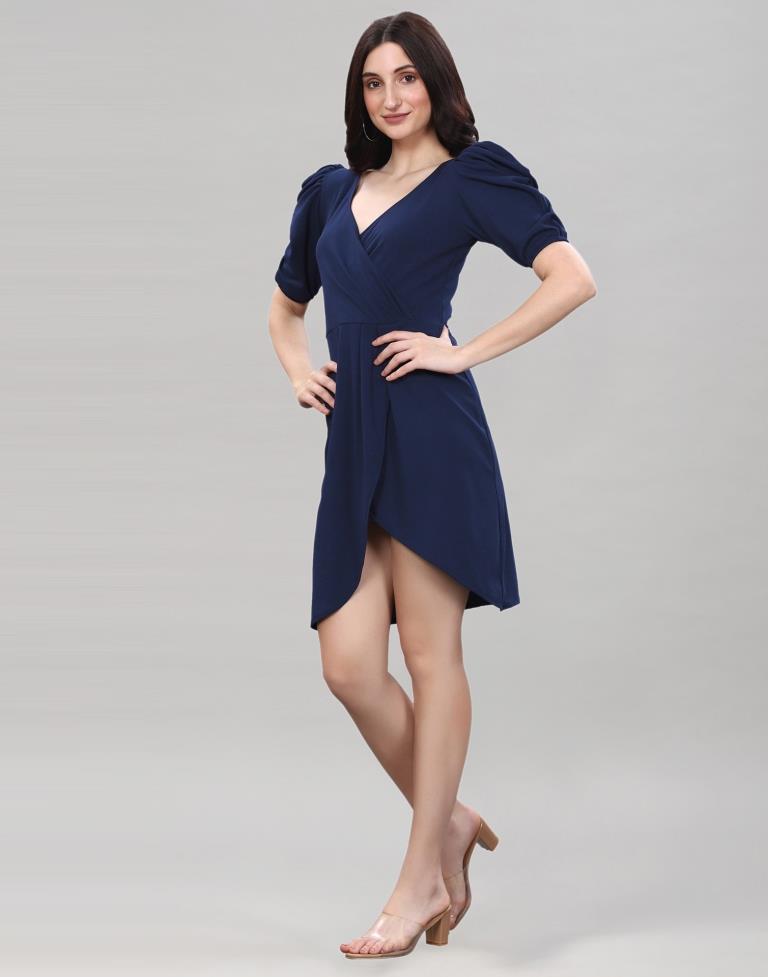 Navy Blue Puff Sleeve Bodycon Dress | Sudathi