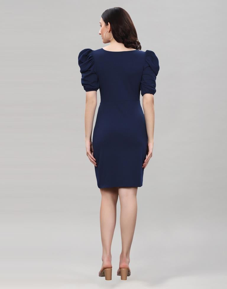 Navy Blue Puff Sleeve Bodycon Dress | Sudathi