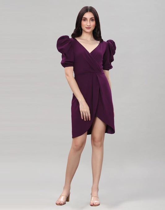 Wine Puff Sleeve Bodycon Dress | Sudathi