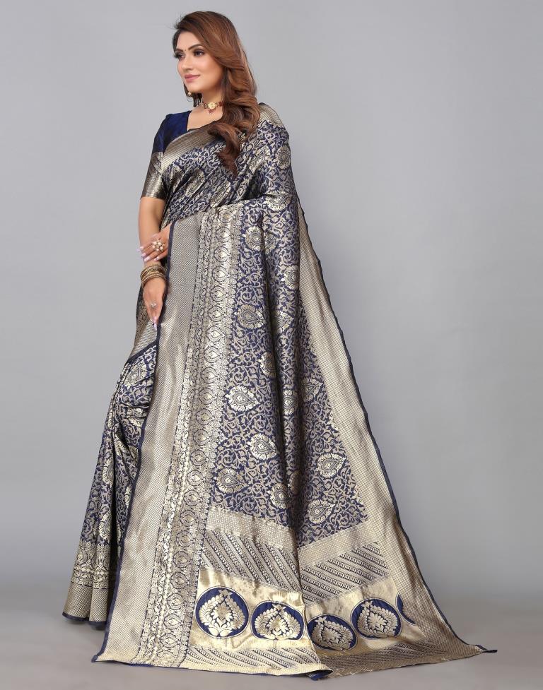 Navy Blue Kanjivaram Silk Saree | Leemboodi