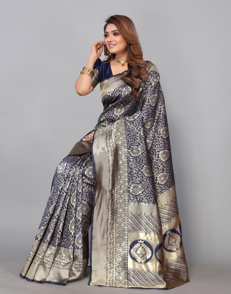 Navy Blue Kanjivaram Silk Saree | Leemboodi