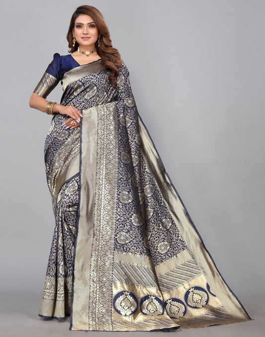 Navy Blue Kanjivaram Silk Saree | Leemboodi