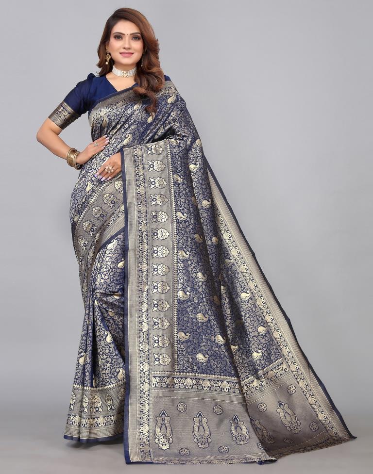 Navy Blue Kanjivaram Silk Saree | Leemboodi