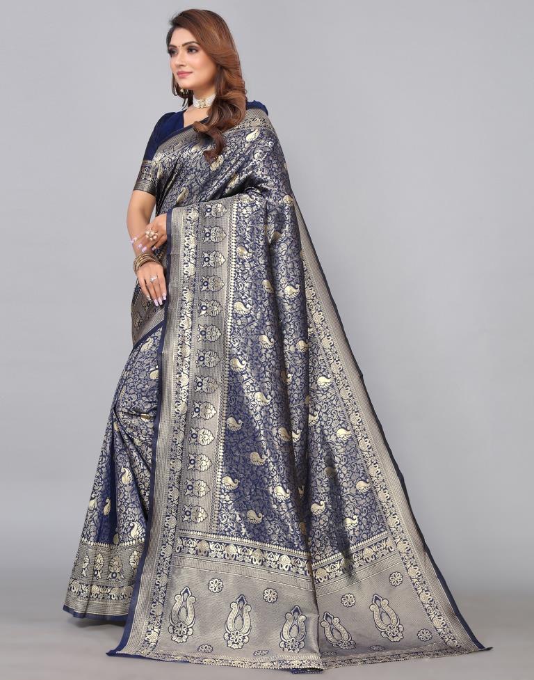 Navy Blue Kanjivaram Silk Saree | Leemboodi