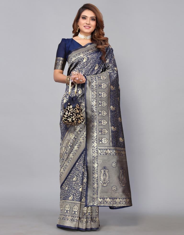 Navy Blue Kanjivaram Silk Saree | Leemboodi