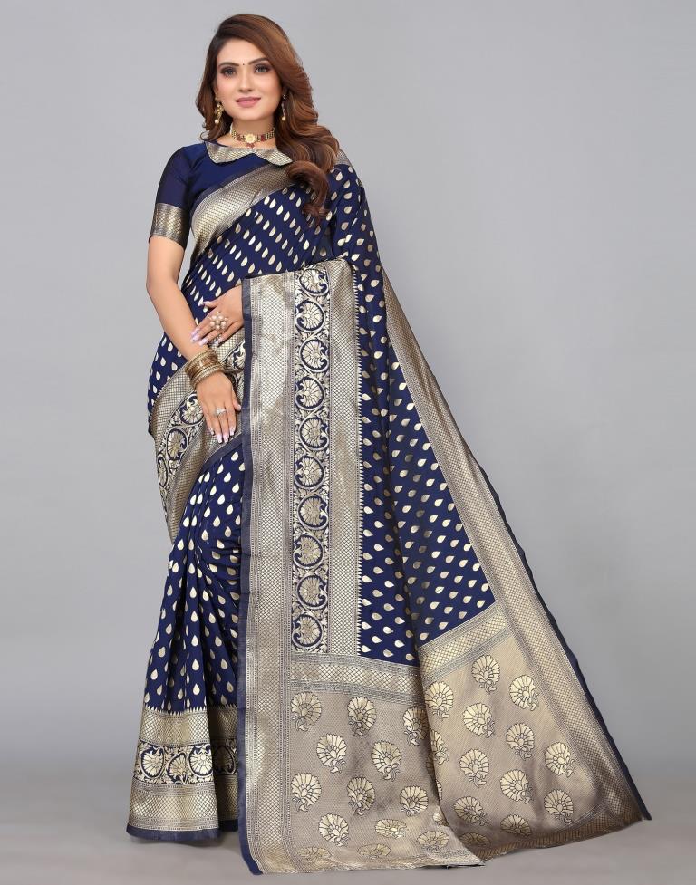 Navy Blue Banarasi Silk Saree | Leemboodi