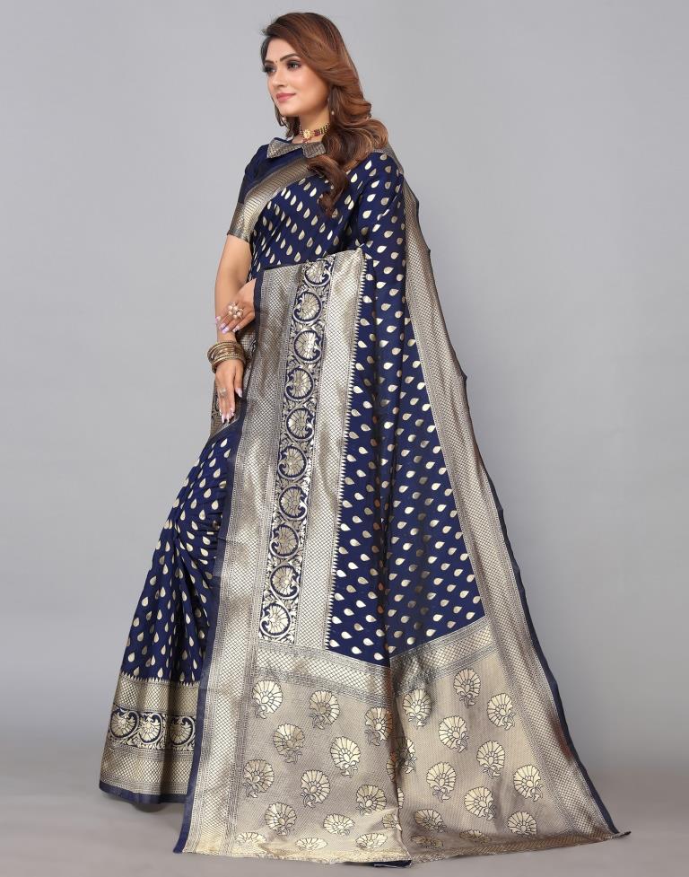 Navy Blue Banarasi Silk Saree | Leemboodi