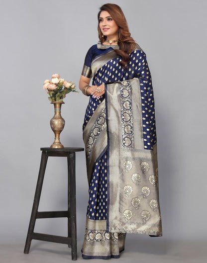 Navy Blue Banarasi Silk Saree | Leemboodi