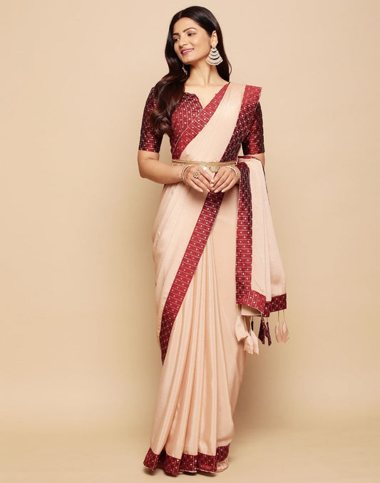 Beige Chiffon Plain Saree | Sudathi