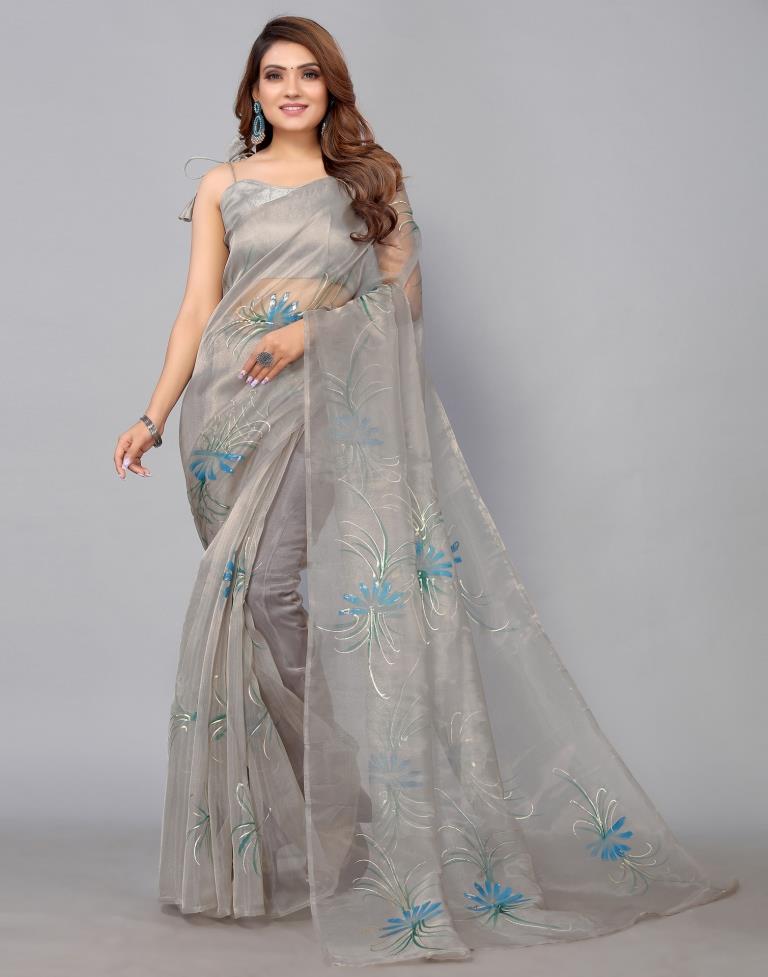 Stone Grey Organza Saree | Sudathi